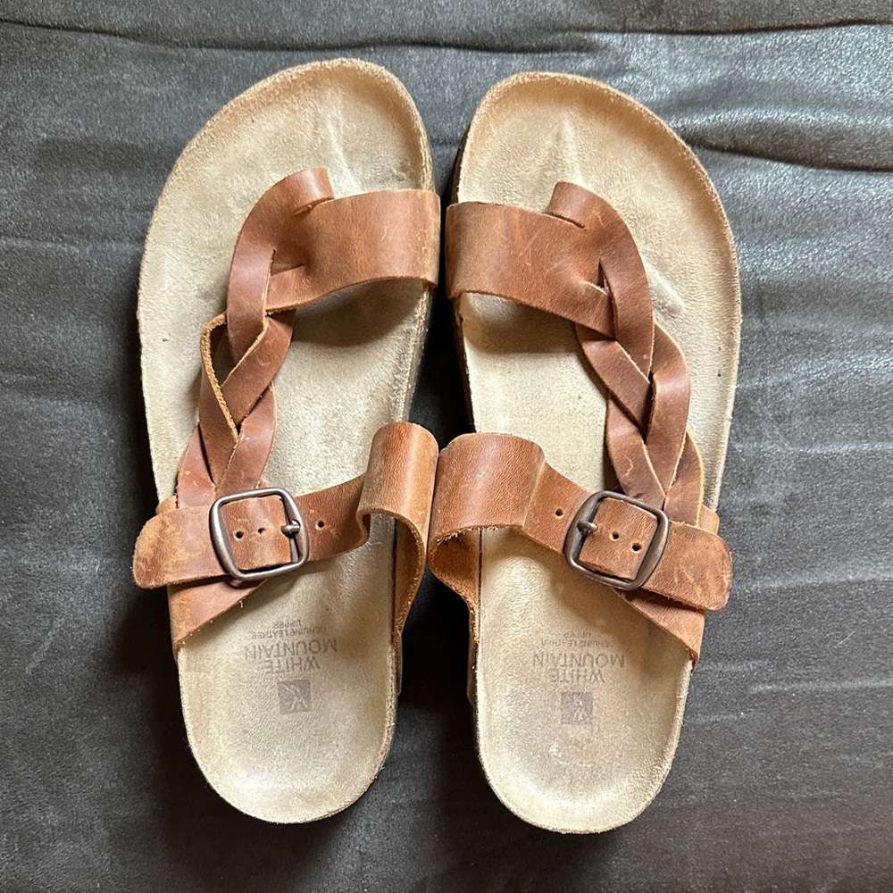 White Mountain Tan Leather Sandals with Braided Design